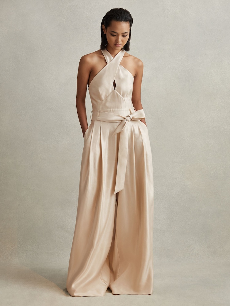 Reiss Neutral Jacinta Viscose Linen Wide Leg Jumpsuit - Image 1 of 6