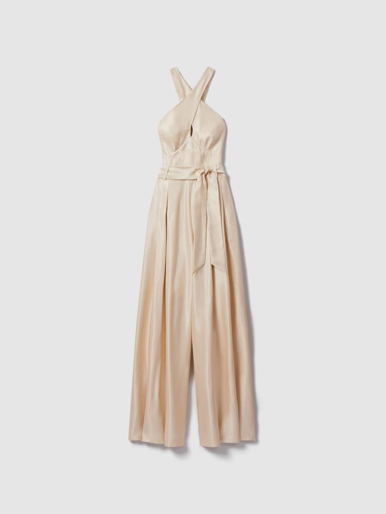 Reiss Neutral Jacinta Viscose Linen Wide Leg Jumpsuit - Image 2 of 6