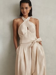 Reiss Neutral Jacinta Viscose Linen Wide Leg Jumpsuit - Image 3 of 6