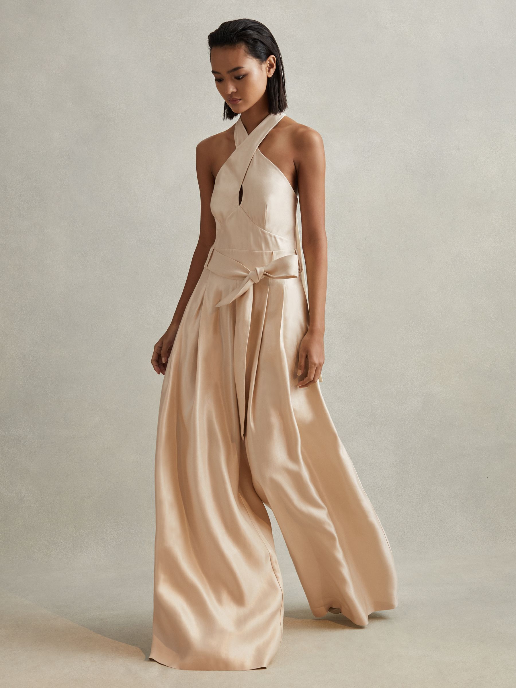 Buy Reiss Neutral Jacinta Viscose Linen Wide Leg Jumpsuit from