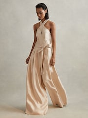 Reiss Neutral Jacinta Viscose Linen Wide Leg Jumpsuit - Image 5 of 6