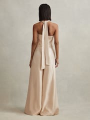 Reiss Neutral Jacinta Viscose Linen Wide Leg Jumpsuit - Image 6 of 6
