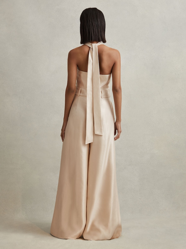 Reiss Neutral Jacinta Viscose Linen Wide Leg Jumpsuit - Image 6 of 6