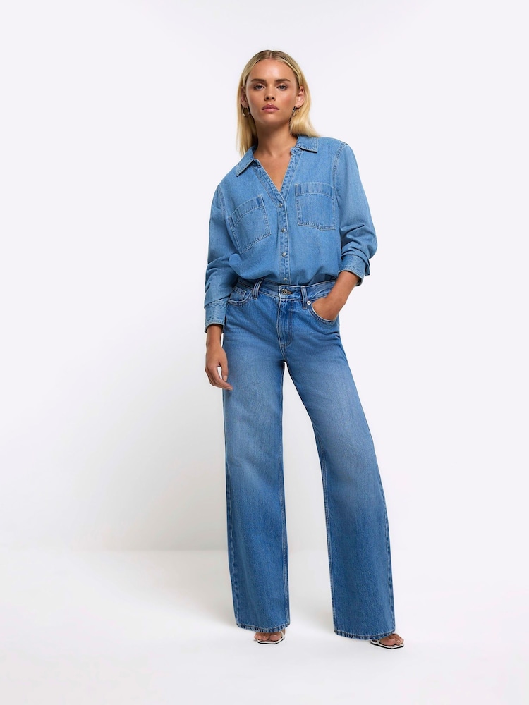 River Island Blue Petite High Waisted Relaxed Straight 100% Cotton Jeans - Image 1 of 4 River Island Blue Petite High Waisted Relaxed Straight 100% Cotton Jeans - Image 1 of 4