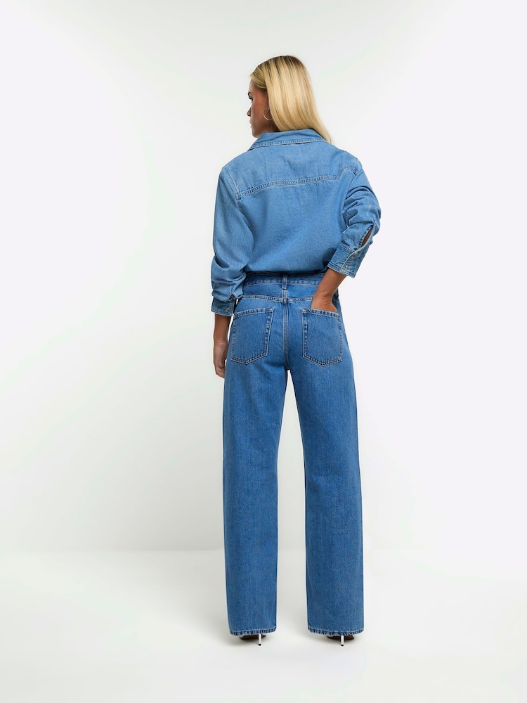 River Island Blue Petite High Waisted Relaxed Straight 100% Cotton Jeans - Image 2 of 4 River Island Blue Petite High Waisted Relaxed Straight 100% Cotton Jeans - Image 2 of 4