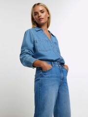 River Island Blue Petite High Waisted Relaxed Straight 100% Cotton Jeans - Image 3 of 4