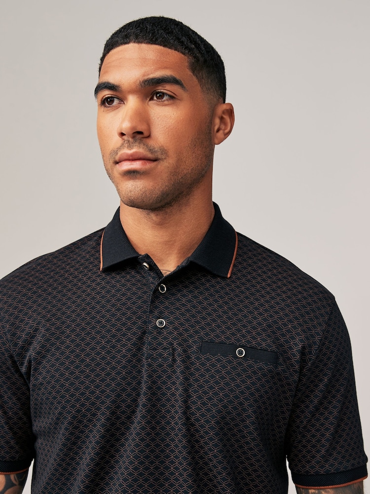 Black/Gold Short Sleeve Print Polo Shirt - Image 1 of 8