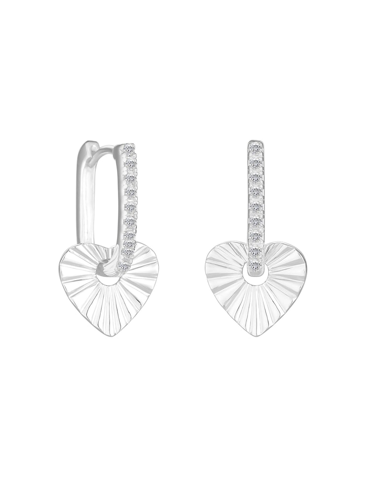 Simply Silver Silver Polished And Pave Heart Charm Hoop Earrings - Image 1 of 3