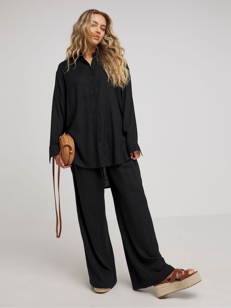Simply Be Black Tie Waist Linen Wide Leg Trousers - Image 1 of 4