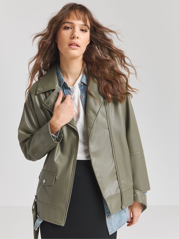 Simply Be Green Oversized Belted Biker Jacket - Image 1 of 4