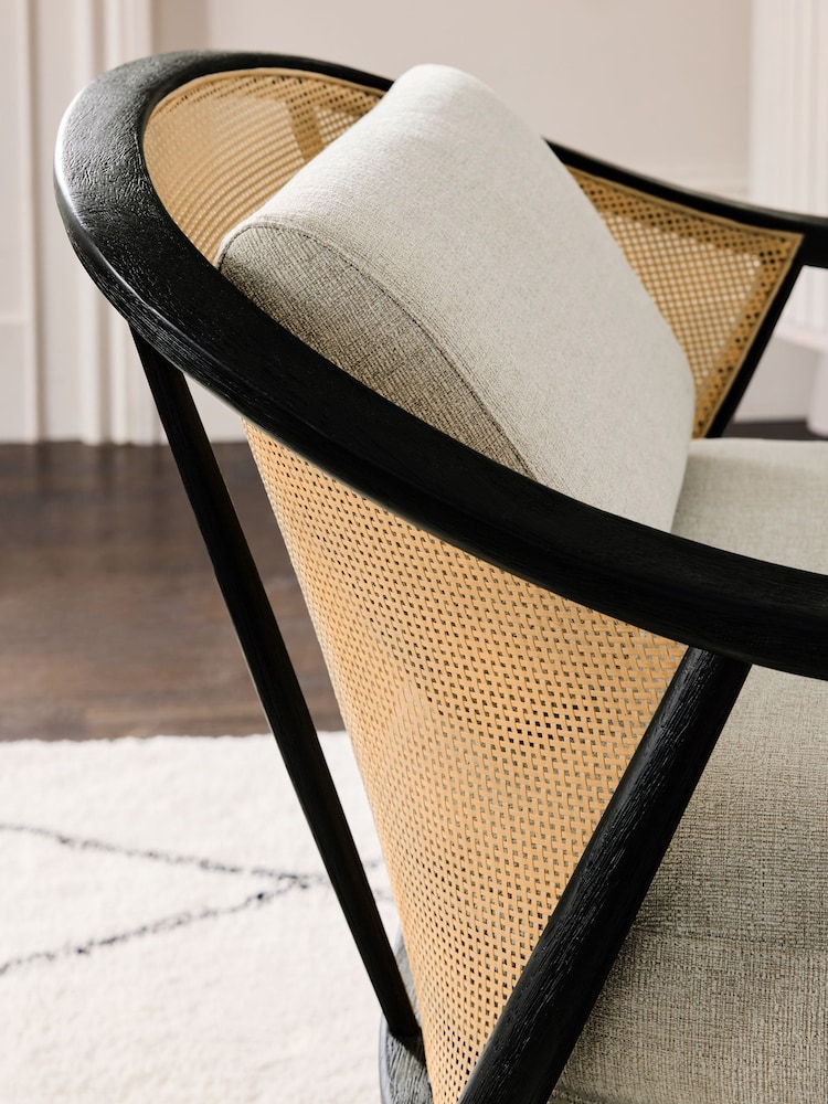 Black Frame Tweedy Plain Light Natural Reuben Curved Wooden Rattan Accent Chair - Image 2 of 10