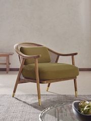 Bronx Frame Relaxed Chenille Light Olive Green Reuben Curved Wooden Rattan Accent Chair - Image 1 of 10