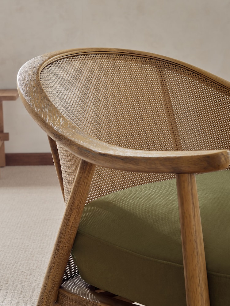 Bronx Frame Relaxed Chenille Light Olive Green Reuben Curved Wooden Rattan Accent Chair - Image 2 of 10