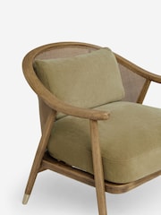 Bronx Frame Relaxed Chenille Light Olive Green Reuben Curved Wooden Rattan Accent Chair - Image 9 of 10