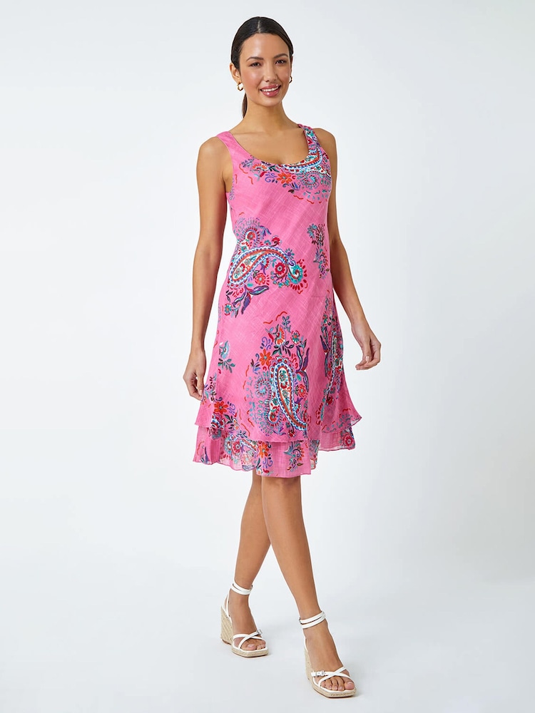 Roman Pink Paisley Print 100% Cotton Layered Dress - Image 1 of 5