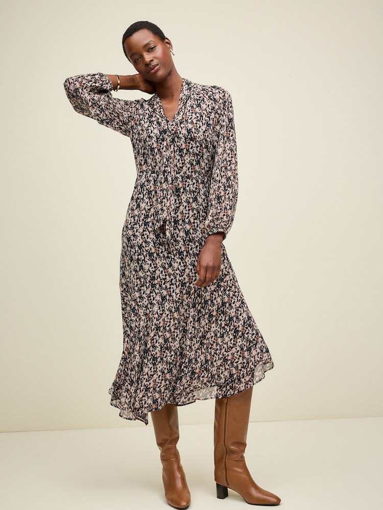 Brown Leopard Print Long Sleeve Tie Neck Asymmetric Midi Dress - Image 1 of 6