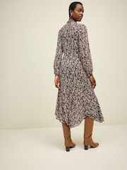 Brown Leopard Print Long Sleeve Tie Neck Asymmetric Midi Dress - Image 3 of 6