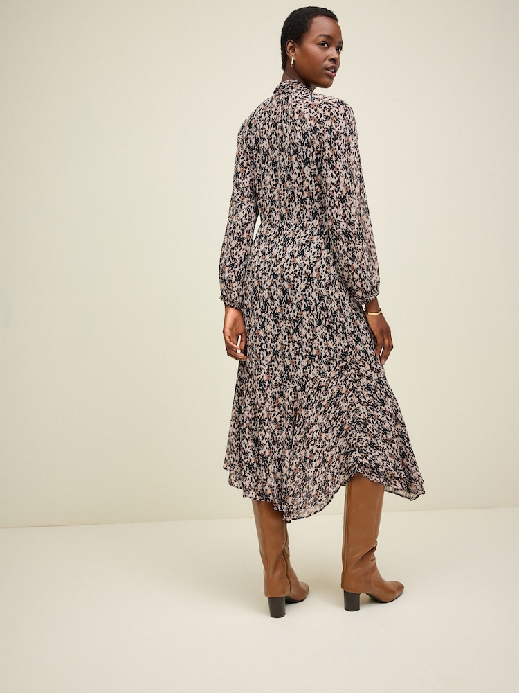 Brown Leopard Print Long Sleeve Tie Neck Asymmetric Midi Dress - Image 3 of 6