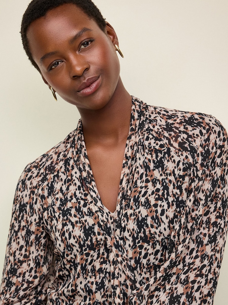 Brown Leopard Print Long Sleeve Tie Neck Asymmetric Midi Dress - Image 4 of 6