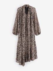Brown Leopard Print Long Sleeve Tie Neck Asymmetric Midi Dress - Image 5 of 6