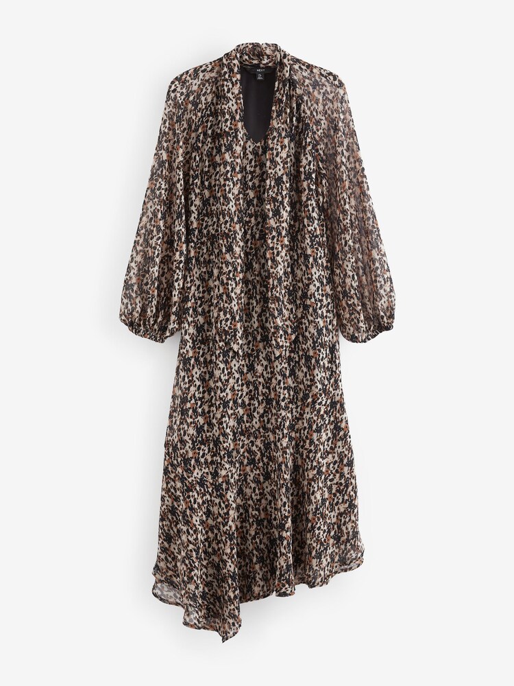 Brown Leopard Print Long Sleeve Tie Neck Asymmetric Midi Dress - Image 5 of 6