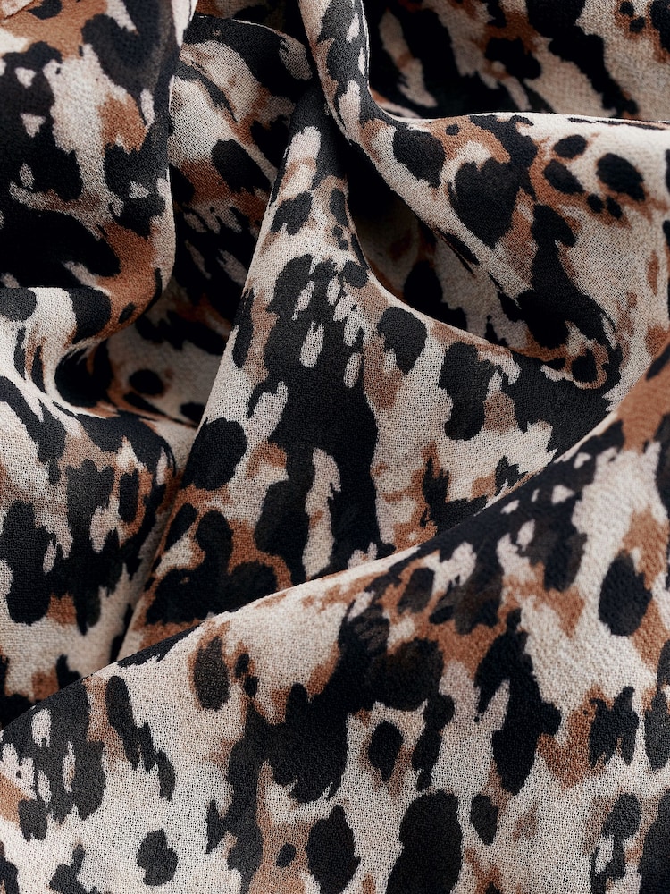 Brown Leopard Print Long Sleeve Tie Neck Asymmetric Midi Dress - Image 6 of 6