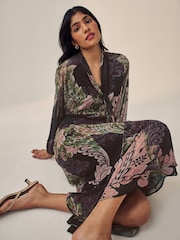 Purple Paisley Print Long Sleeve Tie Neck Asymmetric Midi Dress - Image 1 of 6
