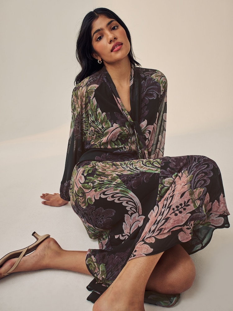 Purple Paisley Print Long Sleeve Tie Neck Asymmetric Midi Dress - Image 1 of 6