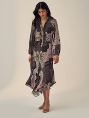 Purple Paisley Print Long Sleeve Tie Neck Asymmetric Midi Dress - Image 2 of 6