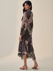 Purple Paisley Print Long Sleeve Tie Neck Asymmetric Midi Dress - Image 3 of 6