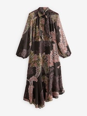 Purple Paisley Print Long Sleeve Tie Neck Asymmetric Midi Dress - Image 4 of 6