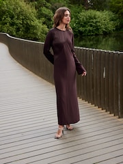 Wine Long Sleeve Satin Mix Column Midi Dress - Image 1 of 6