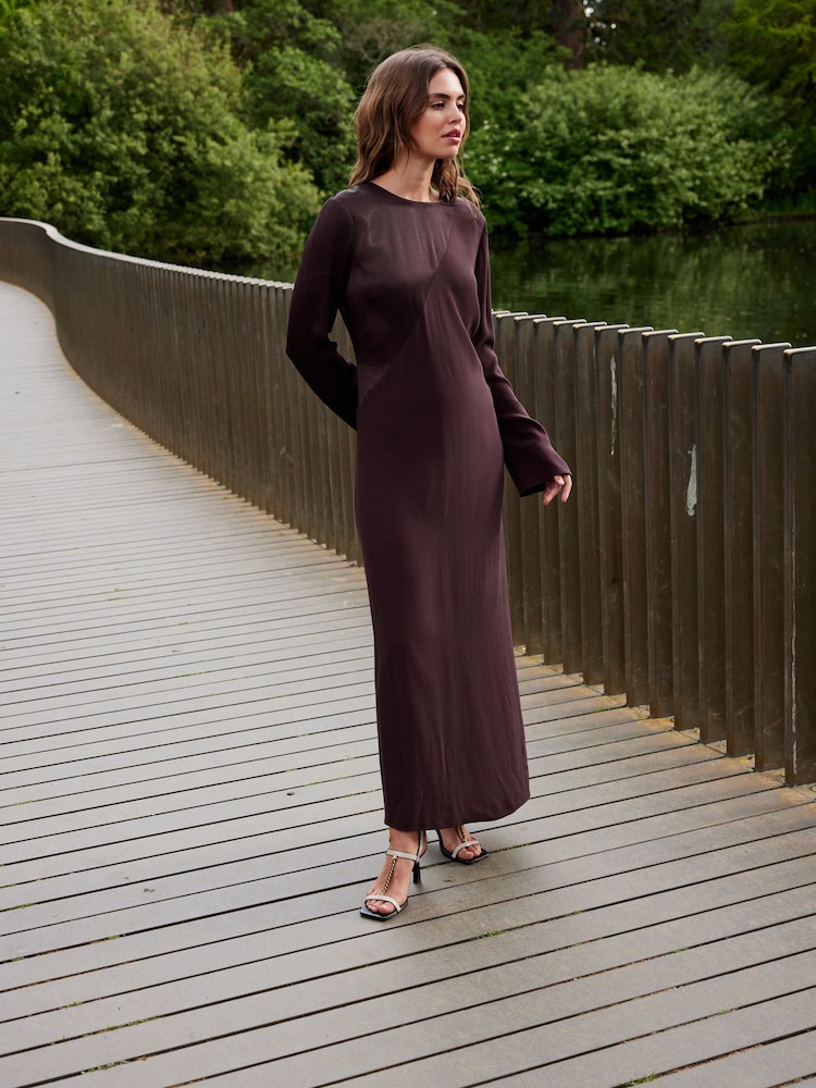 Wine Long Sleeve Satin Mix Column Midi Dress - Image 1 of 6
