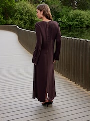 Wine Long Sleeve Satin Mix Column Midi Dress - Image 2 of 6