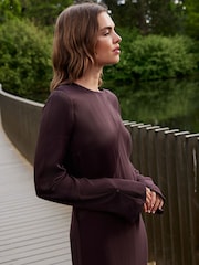 Wine Long Sleeve Satin Mix Column Midi Dress - Image 3 of 6