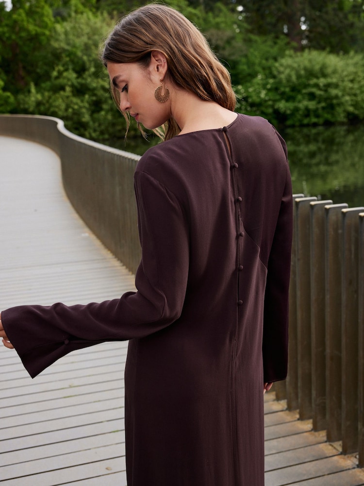 Wine Long Sleeve Satin Mix Column Midi Dress - Image 4 of 6