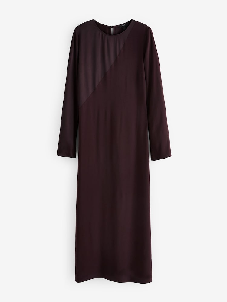 Wine Long Sleeve Satin Mix Column Midi Dress - Image 5 of 6