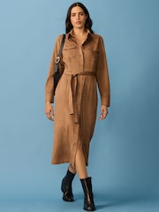 Taupe Brown Western Faux Suede Long Sleeve Midi Shirt Dress - Image 1 of 9