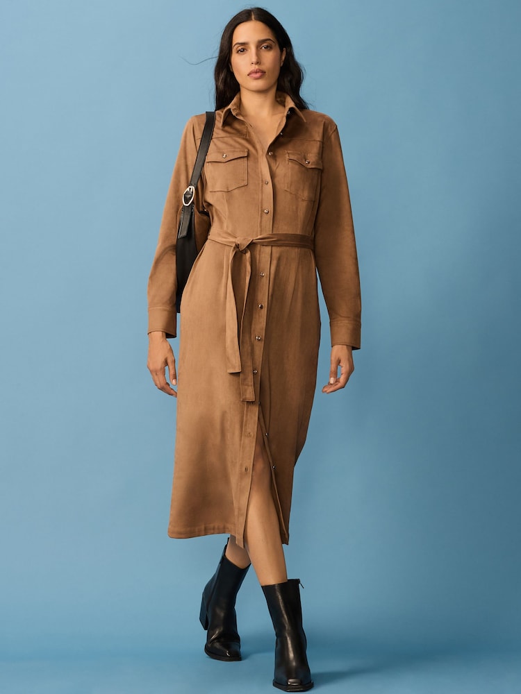 Taupe Brown Western Faux Suede Long Sleeve Midi Shirt Dress - Image 1 of 9