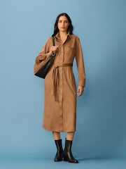Taupe Brown Western Faux Suede Long Sleeve Midi Shirt Dress - Image 2 of 9
