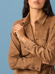 Taupe Brown Western Faux Suede Long Sleeve Midi Shirt Dress - Image 4 of 9