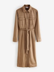 Taupe Brown Western Faux Suede Long Sleeve Midi Shirt Dress - Image 6 of 9