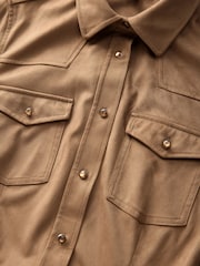 Taupe Brown Western Faux Suede Long Sleeve Midi Shirt Dress - Image 7 of 9