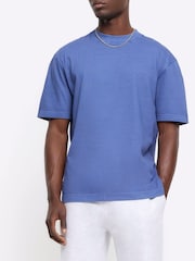 River Island Blue 100% Cotton Studio Washed Regular Fit T-Shirt - Image 1 of 4