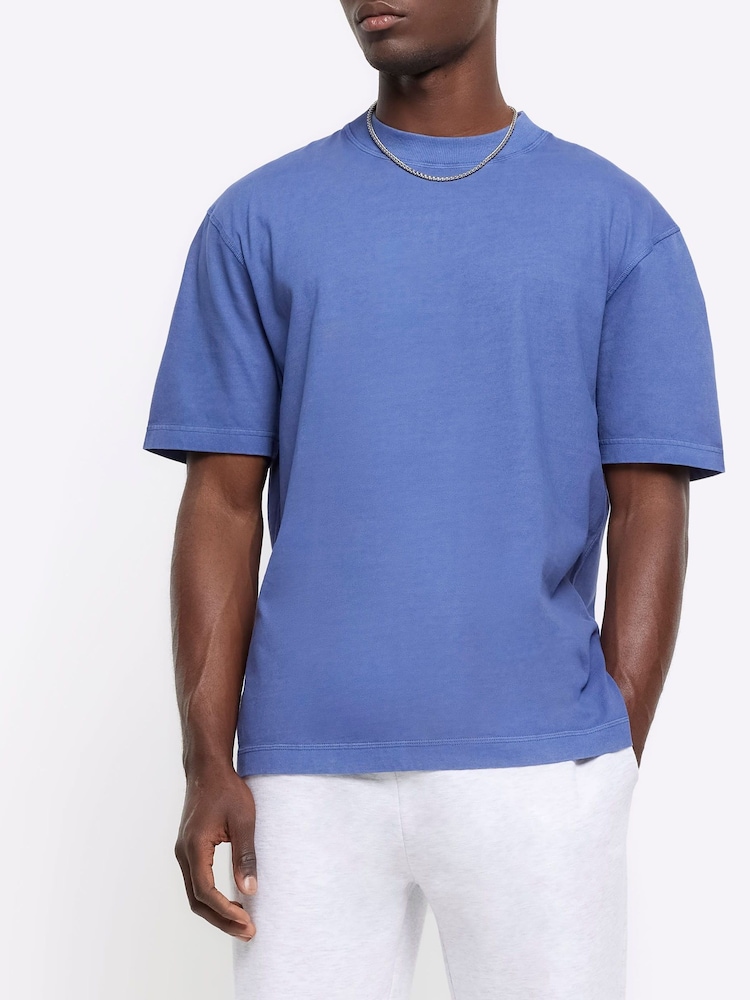 River Island Blue 100% Cotton Studio Washed Regular Fit T-Shirt - Image 1 of 4