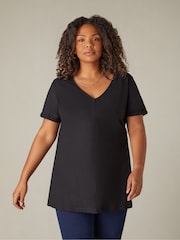 Live Unlimited Black Curve 100% Cotton Slub V-Neck Longline T-Shirt - Image 1 of 4