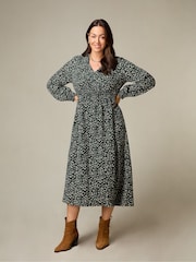 Live Unlimited Green Curve Petite Ditsy Jersey Shirred Waist Dress - Image 1 of 5