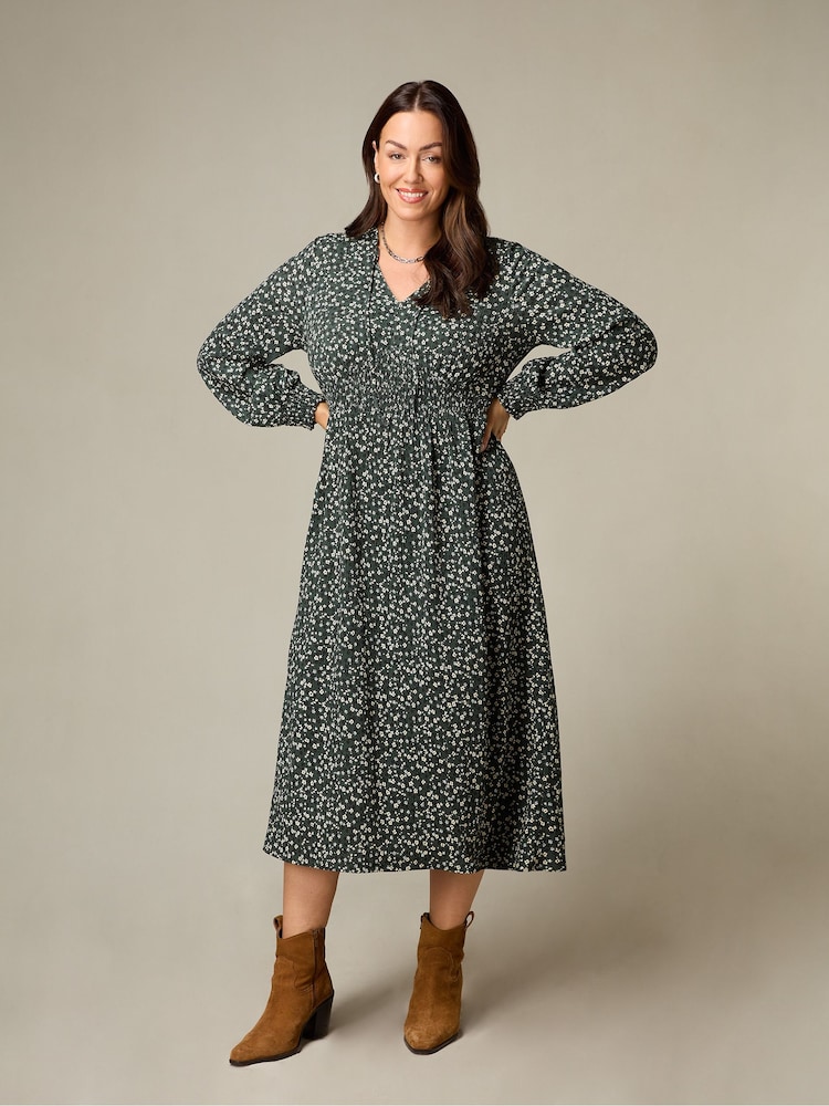 Live Unlimited Green Curve Petite Ditsy Jersey Shirred Waist Dress - Image 1 of 5