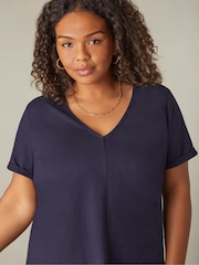 Live Unlimited Blue Curve 100% Cotton Slub V-Neck Longline T-Shirt - Image 3 of 4