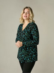 Live Unlimited Blue Curve Ditsy Print Jersey Pleat Front Top - Image 1 of 5